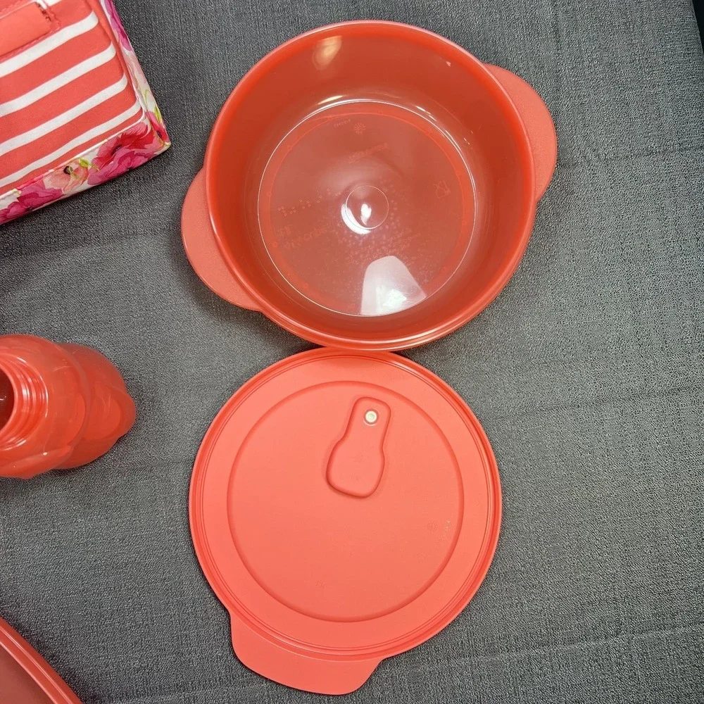 Tupperware Peach/Pink Floral Lunch Insulated‎ Tote Bag with Soup Sandwich & Cup